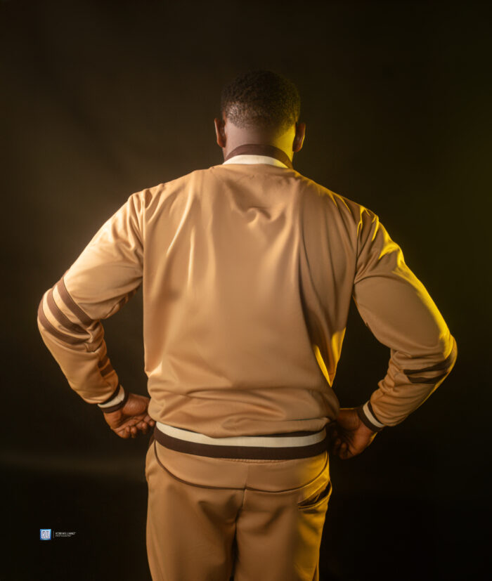 Model wearing the Megas Max 01 tracksuit back