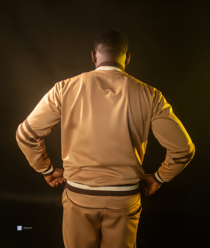 Model wearing the Megas Max 01 tracksuit back
